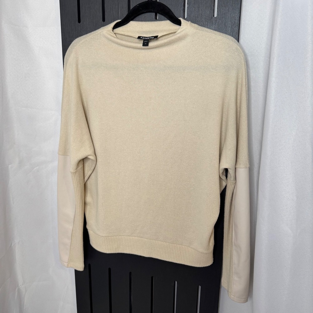 EXPRESS Women Sweater Beige Mock Neck Faux Leather Sleeve Accent XS